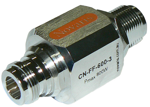 Novaris coaxial surge protector, gas tube type,  N-type female to N-type female bulkhead, 600V DC, 300-800W P/R, up to 3GHz